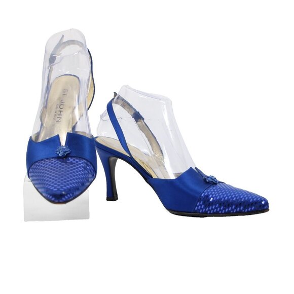St John Sz 8 B Navy Blue Gold Paillette Pointed Toe Fabric Label 3" Heel - Picture 1 of 16
